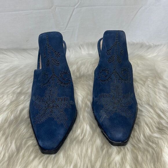 Rebel Ava Navy Suede Embroidered Chunky Heel Mules Sz 7 WIDE WIDTH - Picture 3 of 7